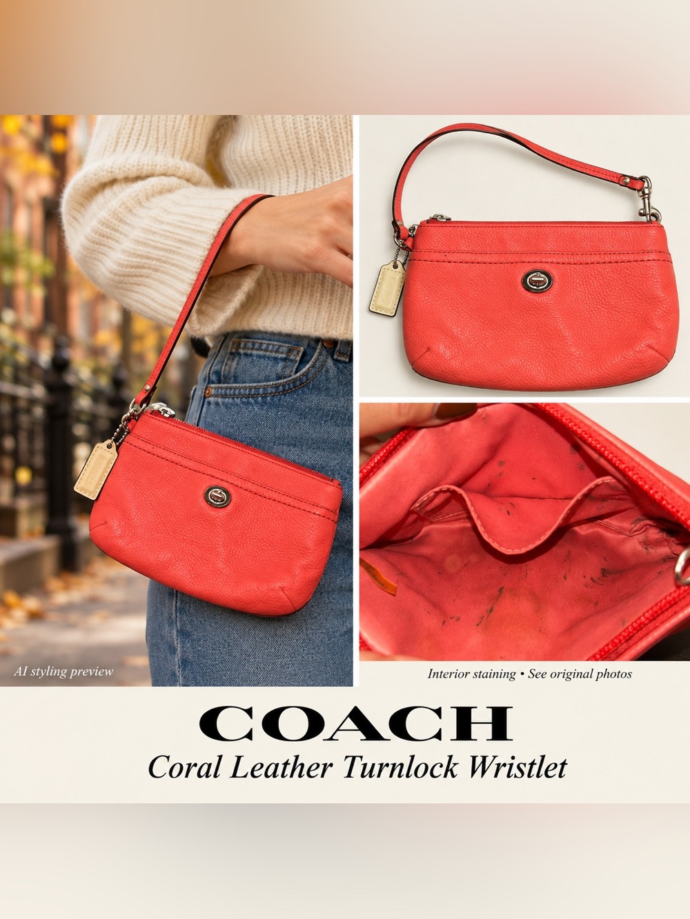 Coach Coral Pebbled Leather Wristlet with Gold Tag